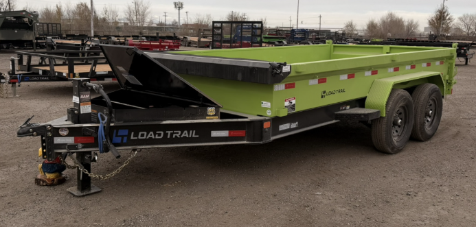 Load Trail 83 inch by 14 foot tandem axle dump trailer, side view